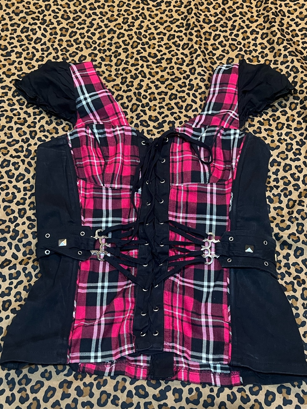 Tripp Nyc plaid Black and red corset top brass knuckle detail